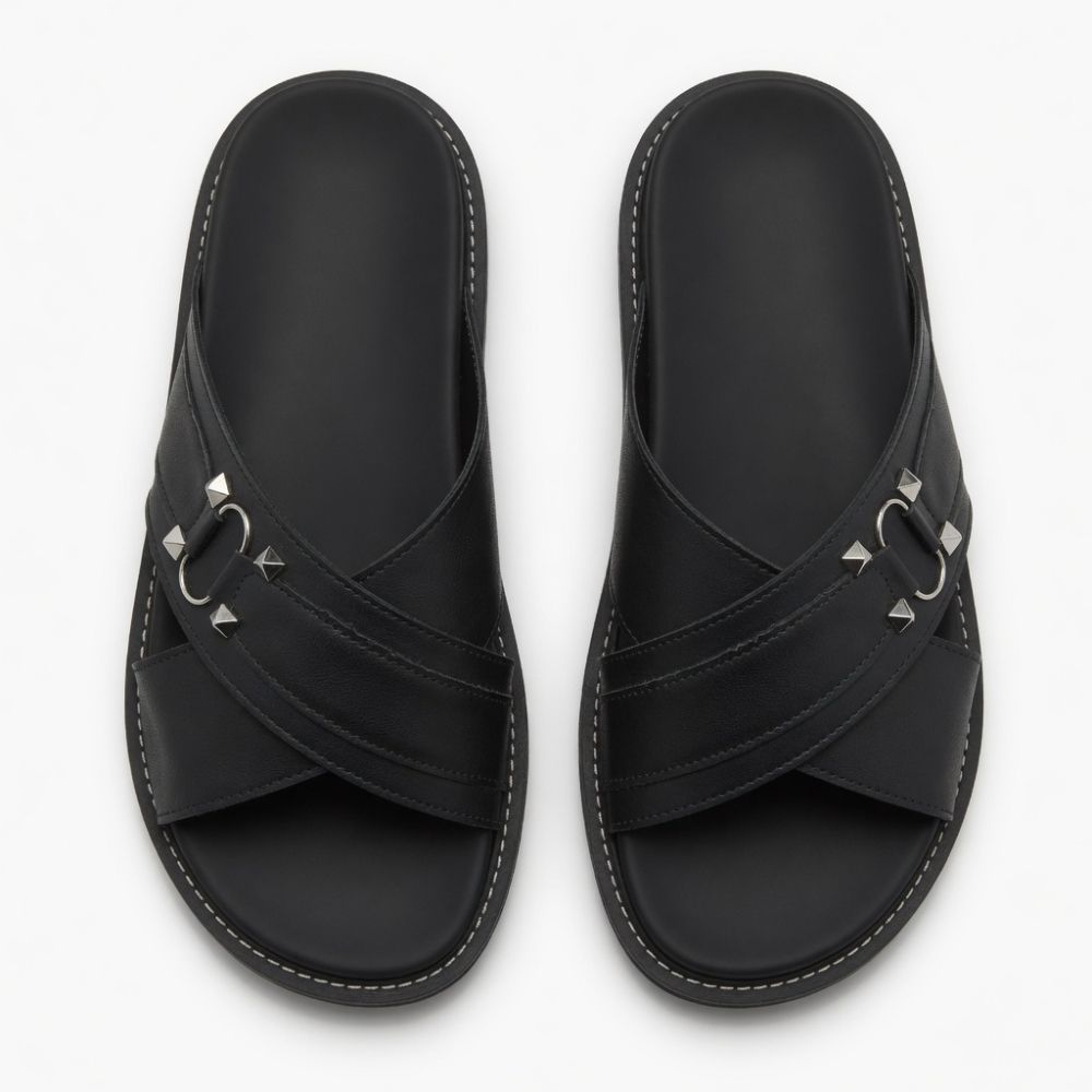 Classic Black Cross Strap Slide Sandals with Metal Ring Accent